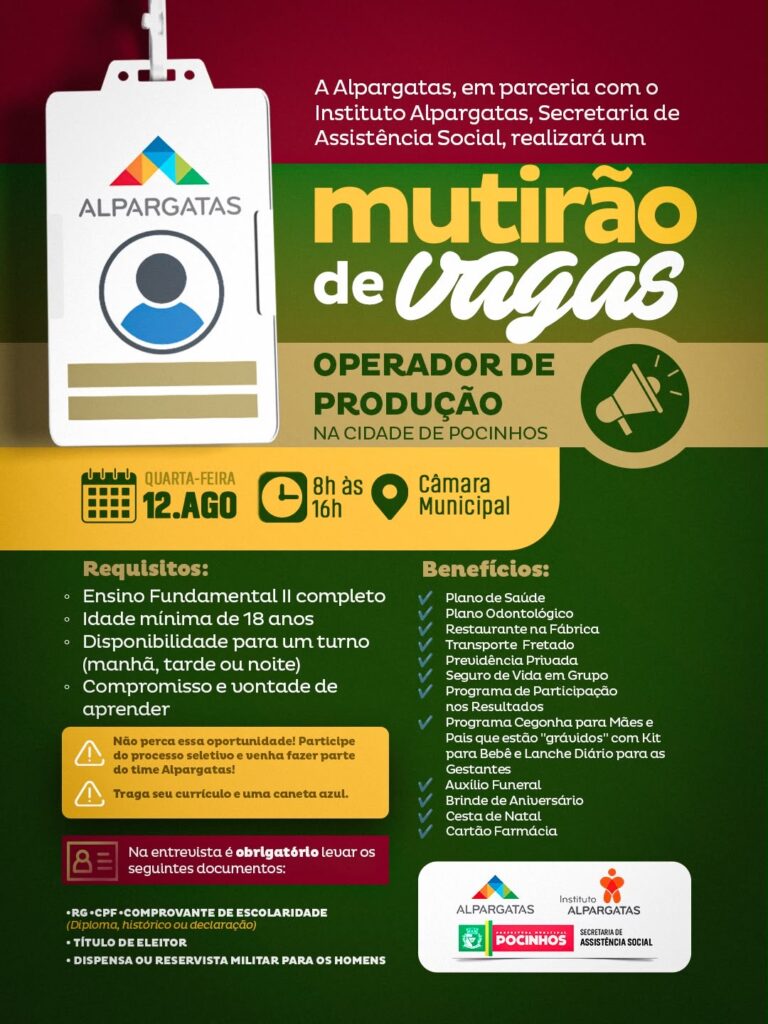 Parceria entre Prefeitura de Pocinhos, Alpargatas e Instituto Alpargatas leva mutirão de empregos ao município no próximo dia 12
